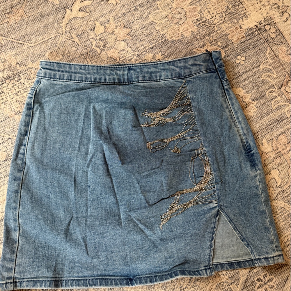 Denim Mini Skirt with Embroidered Fringe Detail - Blue